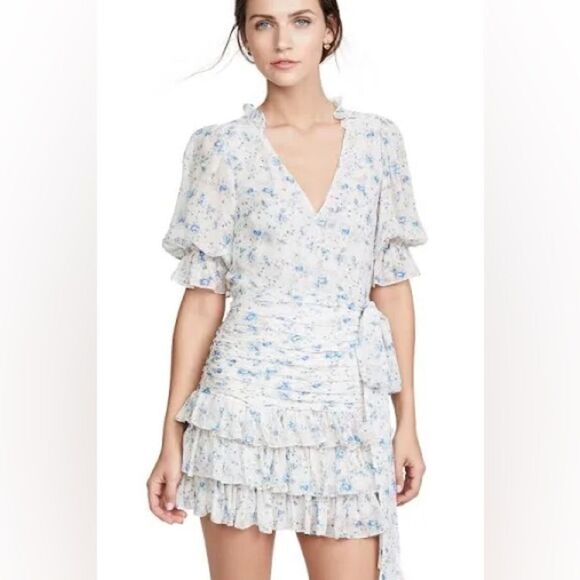 LoveShackFancy Woman’s Ivory Silk Hannah Dress Blue/Pink Floral Print. Size 8. - Picture 2 of 14